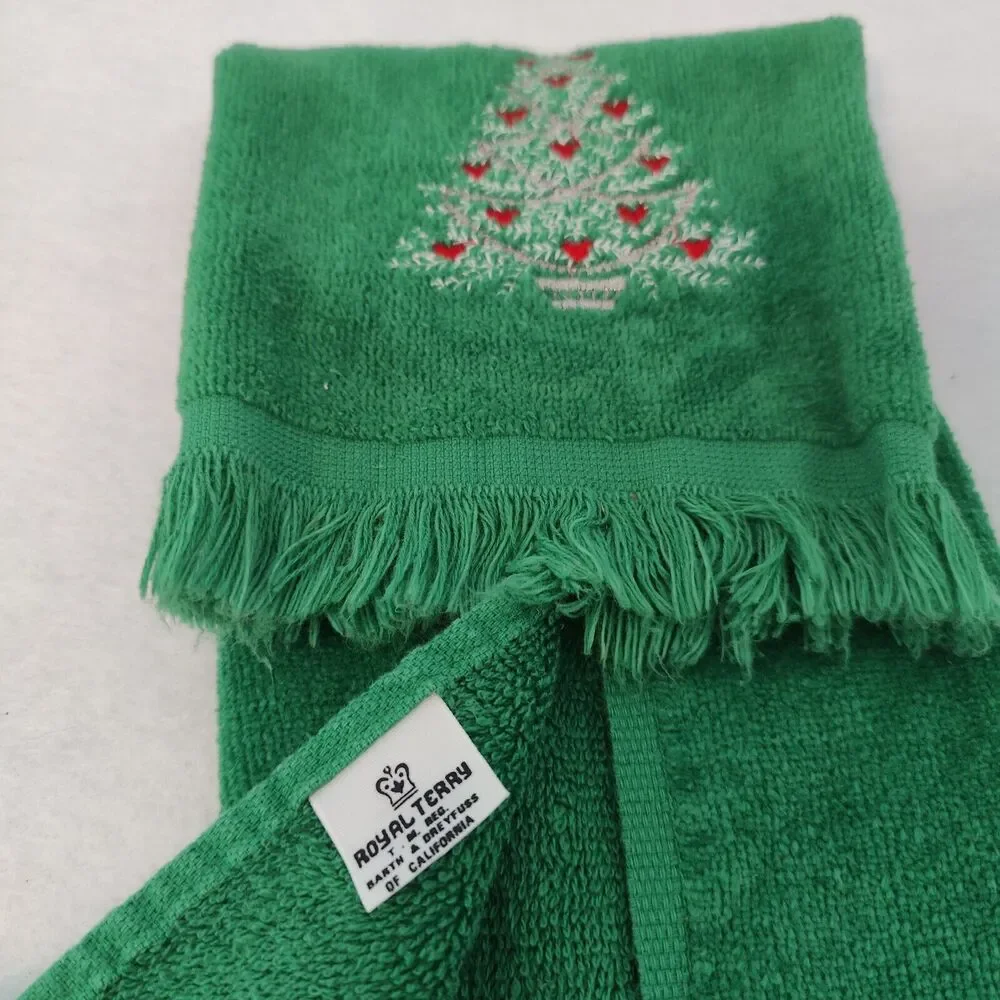 2 Cannon 1 Royal Terry Christmas Tree Wreath Candle Green Embroidered Towels VTG
